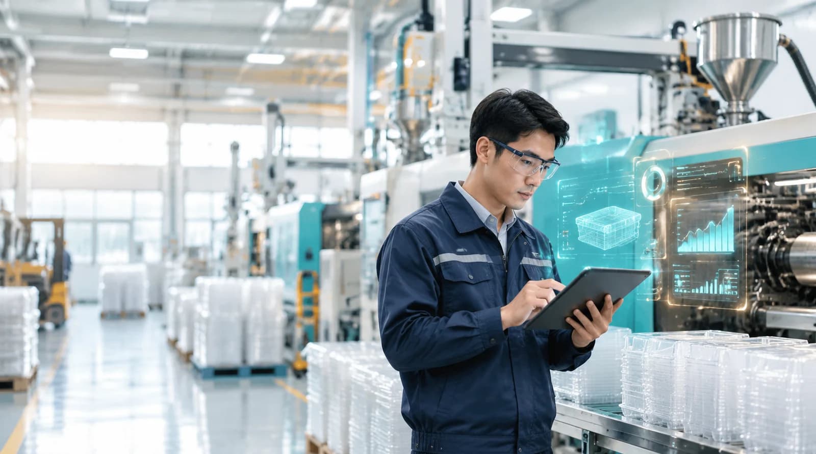 Quản lý xưởng xem bảng điều hành AI bên máy ép nhựa